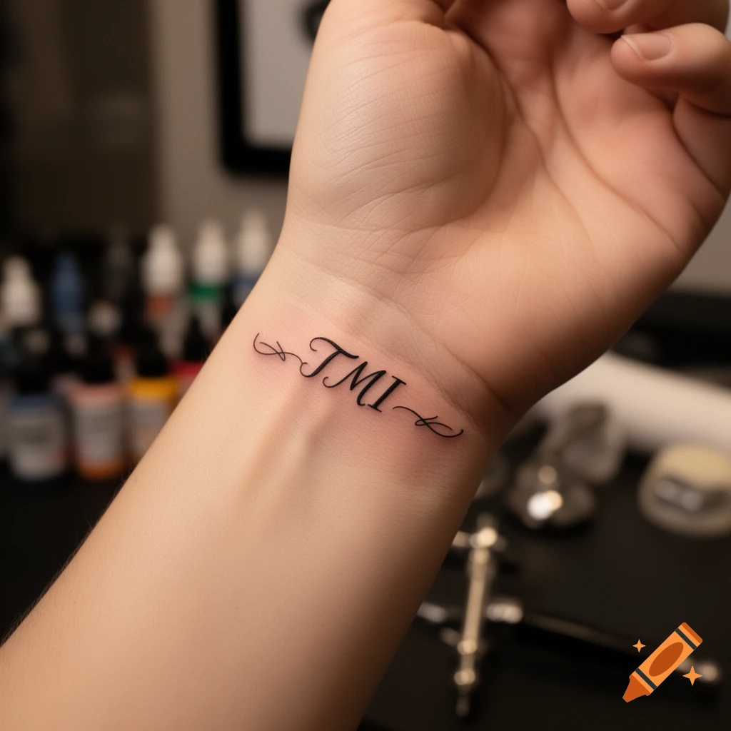 A small, elegant black tattoo spelling "TMI" with decorative flourishes on a person's wrist.