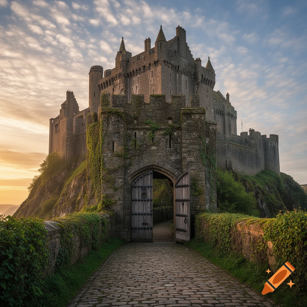 Majestic stone castle on a hill with an open wooden gate and cobblestone path at sunset, covered in ivy.