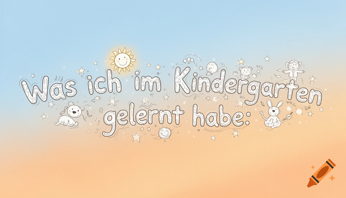 A coloring page style illustration with the German text 'Was ich im Kindergarten gelernt habe:' (What I learned in kindergarten:) surrounded by outlined cartoon animals and stars.