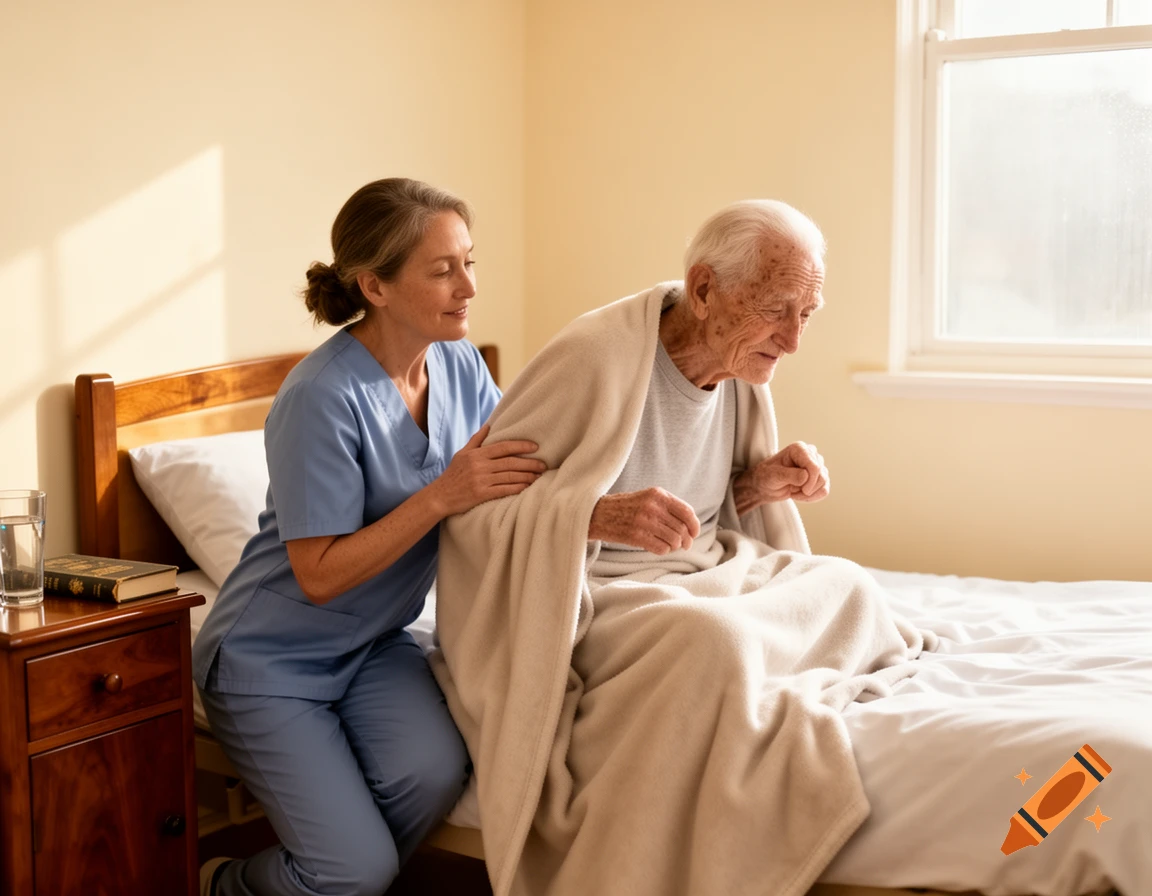 A caregiver in scrubs helps an elderly man, wrapped in a blanket, get out of bed in a sunlit room.