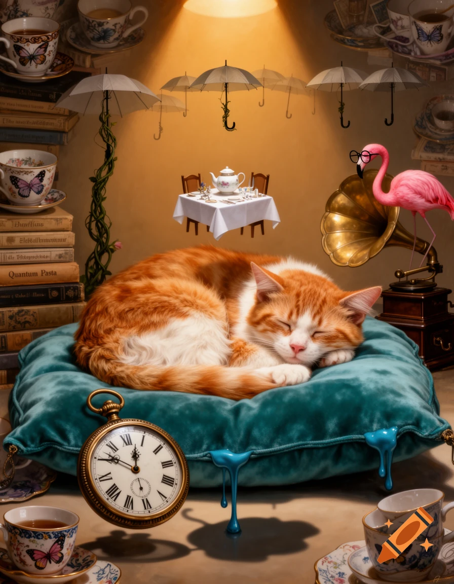 An orange and white cat sleeps on a teal pillow, surrounded by surreal items: floating teacups, umbrellas, a flamingo with glasses, and a pocket watch.