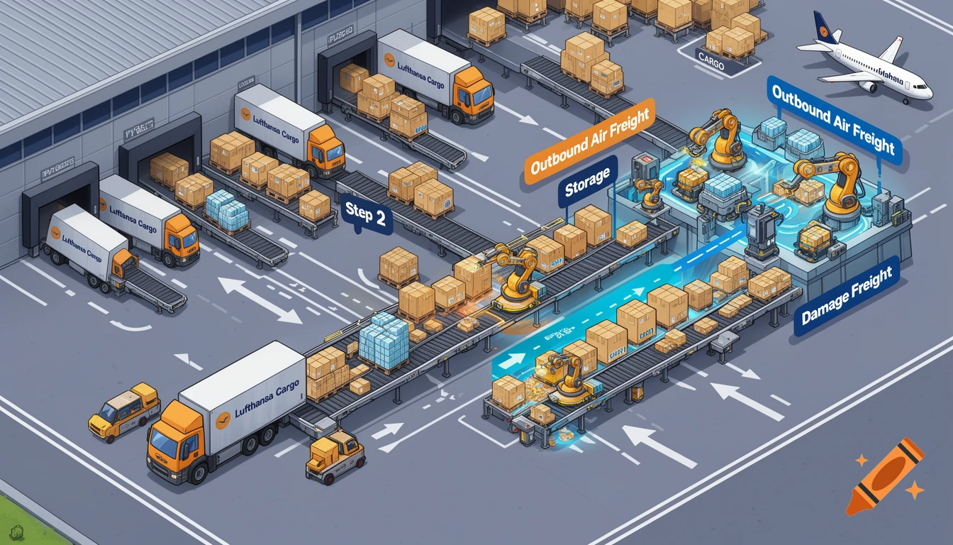 An isometric diagram showing an automated air cargo logistics process, with trucks unloading boxes onto conveyor belts, robots sorting freight into storage, outbound air freight, and damage freight sections, with an airplane in the background. The style is a clean, modern cartoon.