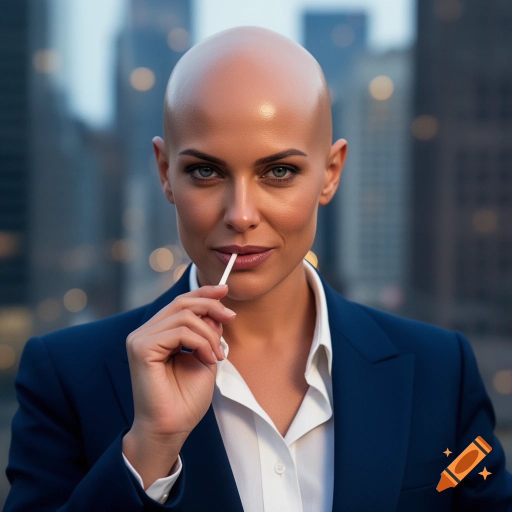 Photorealistic portrait of a bald woman in a blue suit holding a lollipop stick to her lips, city background.