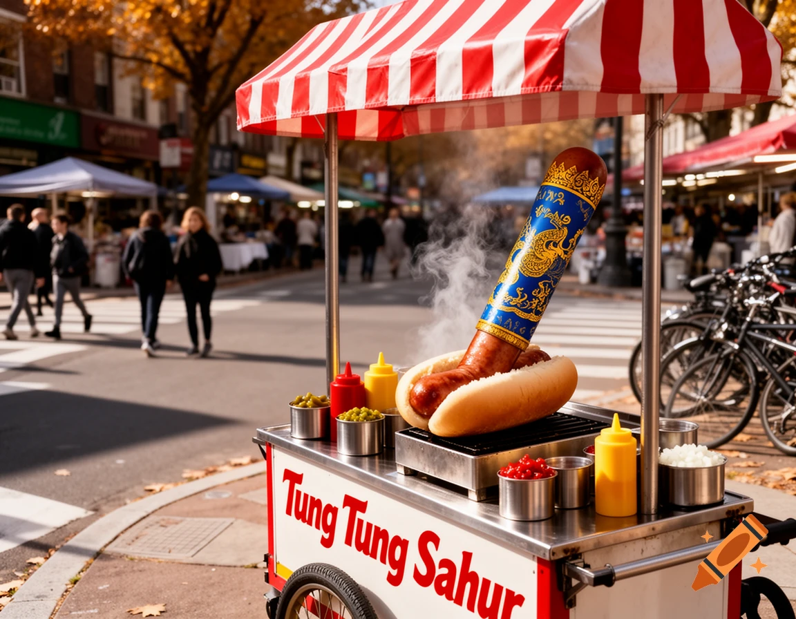 A hotdog vendor cart on a city street, featuring a large hotdog in a bun with a blue and gold decorative casing steaming on the grill. The cart sign reads "Tung Tung Sahur".