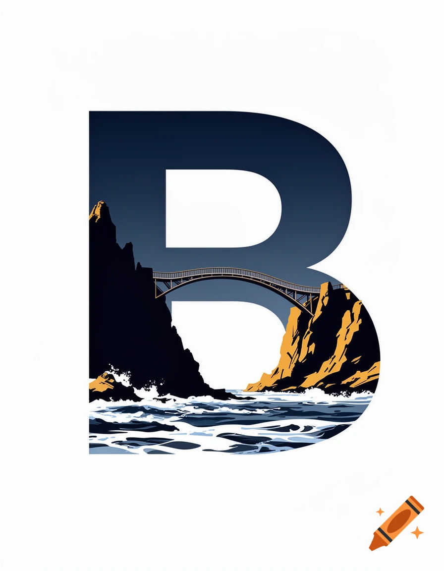 Minimalist vector illustration of a coastal scene with a bridge and ocean waves forming the letter B.