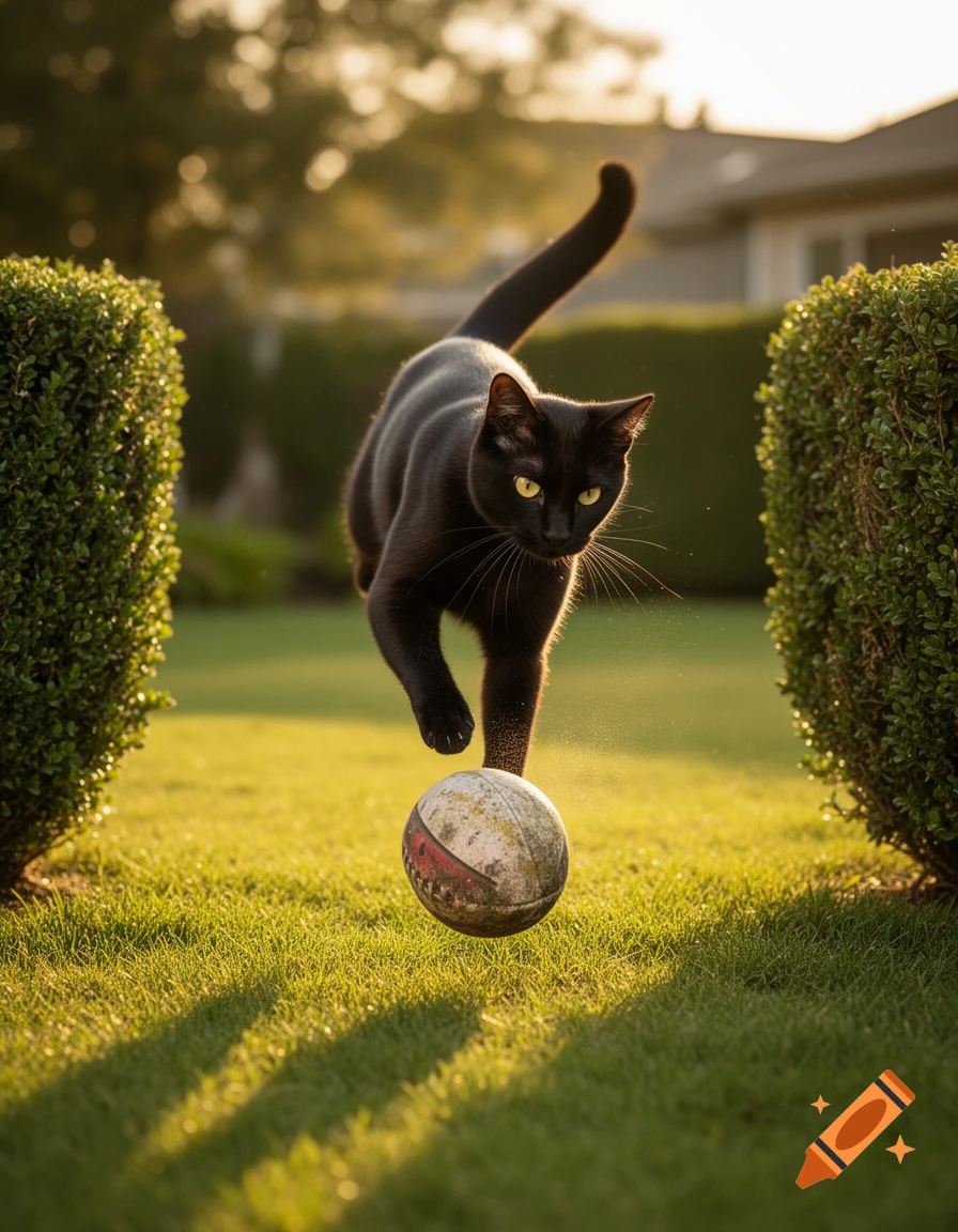 A sleek black cat with bright yellow eyes leaps over a worn white and red ball on a sunlit green lawn.