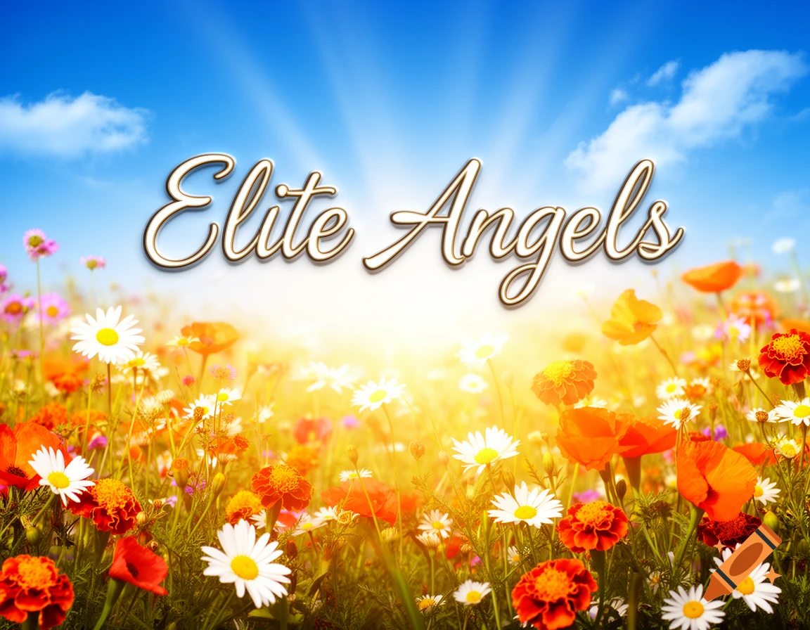 Vibrant field of wildflowers under a bright blue sky with sun rays, featuring the glossy text 'Elite Angels' in script font.