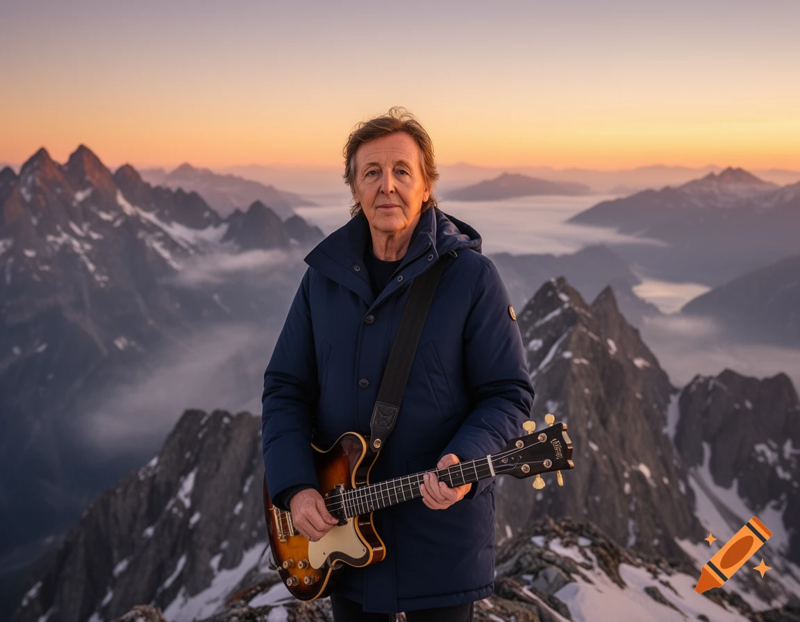 Paul McCartney in a blue puffer jacket holding a guitar on a snowy mountain peak at sunrise, with a misty valley below.