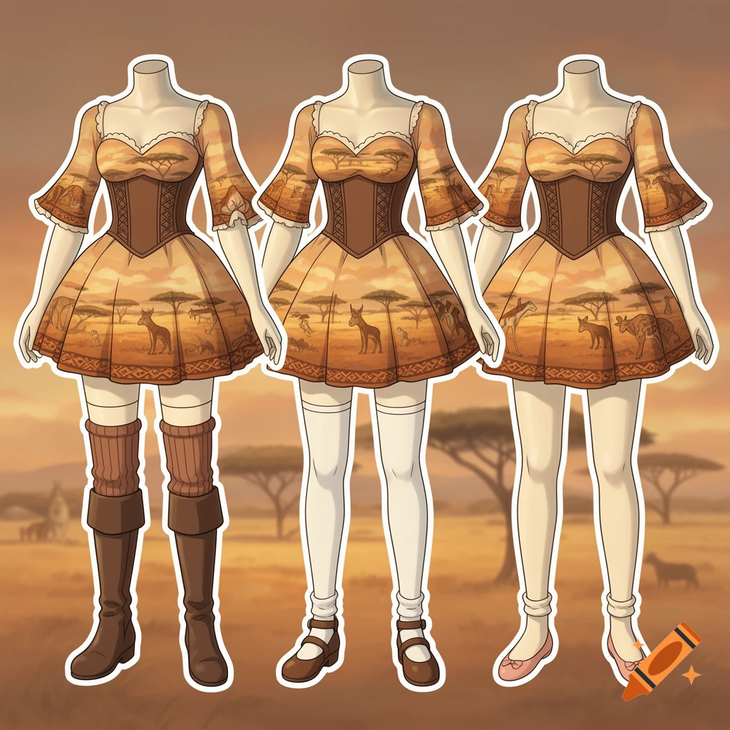 Three headless mannequins in anime style display savanna-themed dresses with different legwear and shoes against a savanna background.