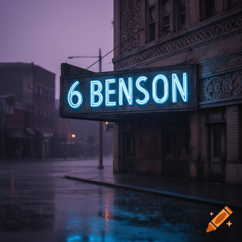 A blue neon sign reading '6 BENSON' illuminates a brick building on a wet, rainy city street at dusk, with reflections on the pavement.