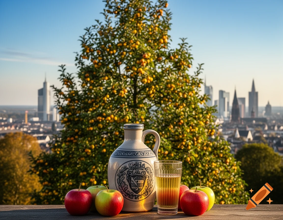 A rustic Bembel jug and a glass of apple wine sit on a wooden table with red and green apples in the foreground, against a sunny cityscape.