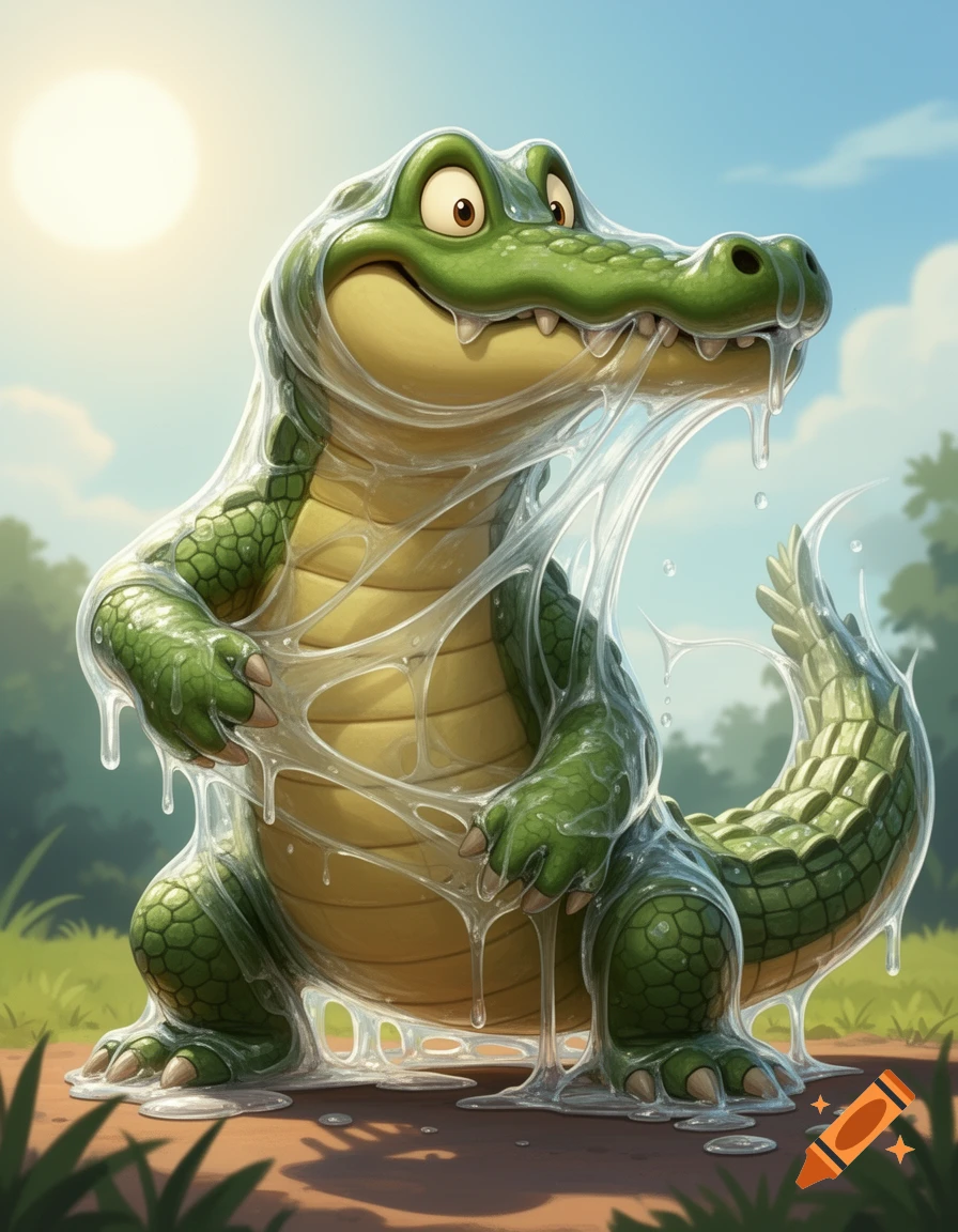 A happy cartoon alligator covered in thick, clear, stretchy slime, pulling against it, under a sunny sky in a 90s Disney Afternoon style.