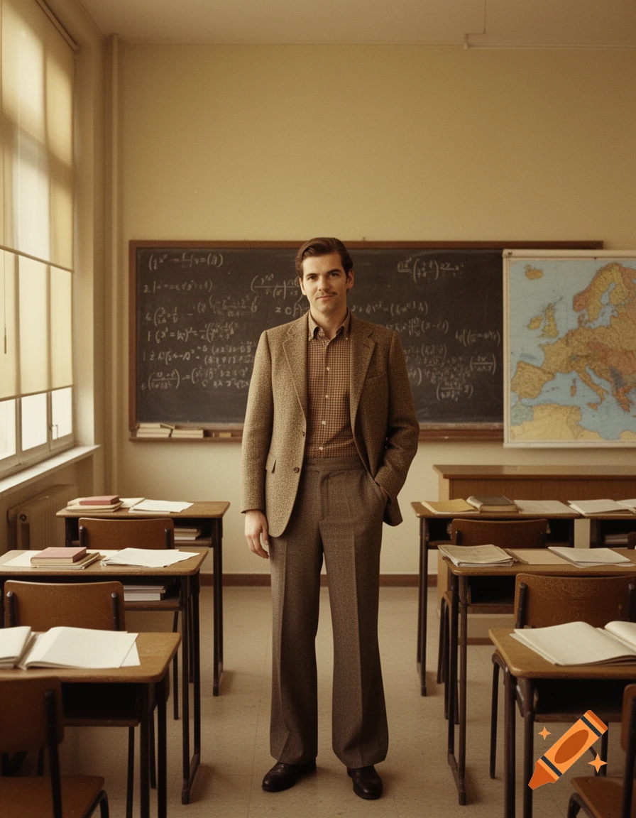 A man in a brown plaid shirt and tweed suit stands in a vintage classroom with a blackboard and map behind him.