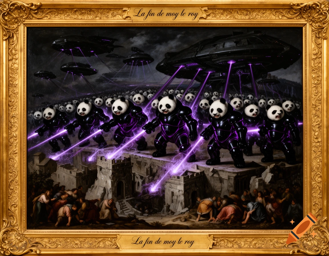 Renaissance-style painting of armored pandas with laser blasters invading a city from UFOs, frightened civilians below.