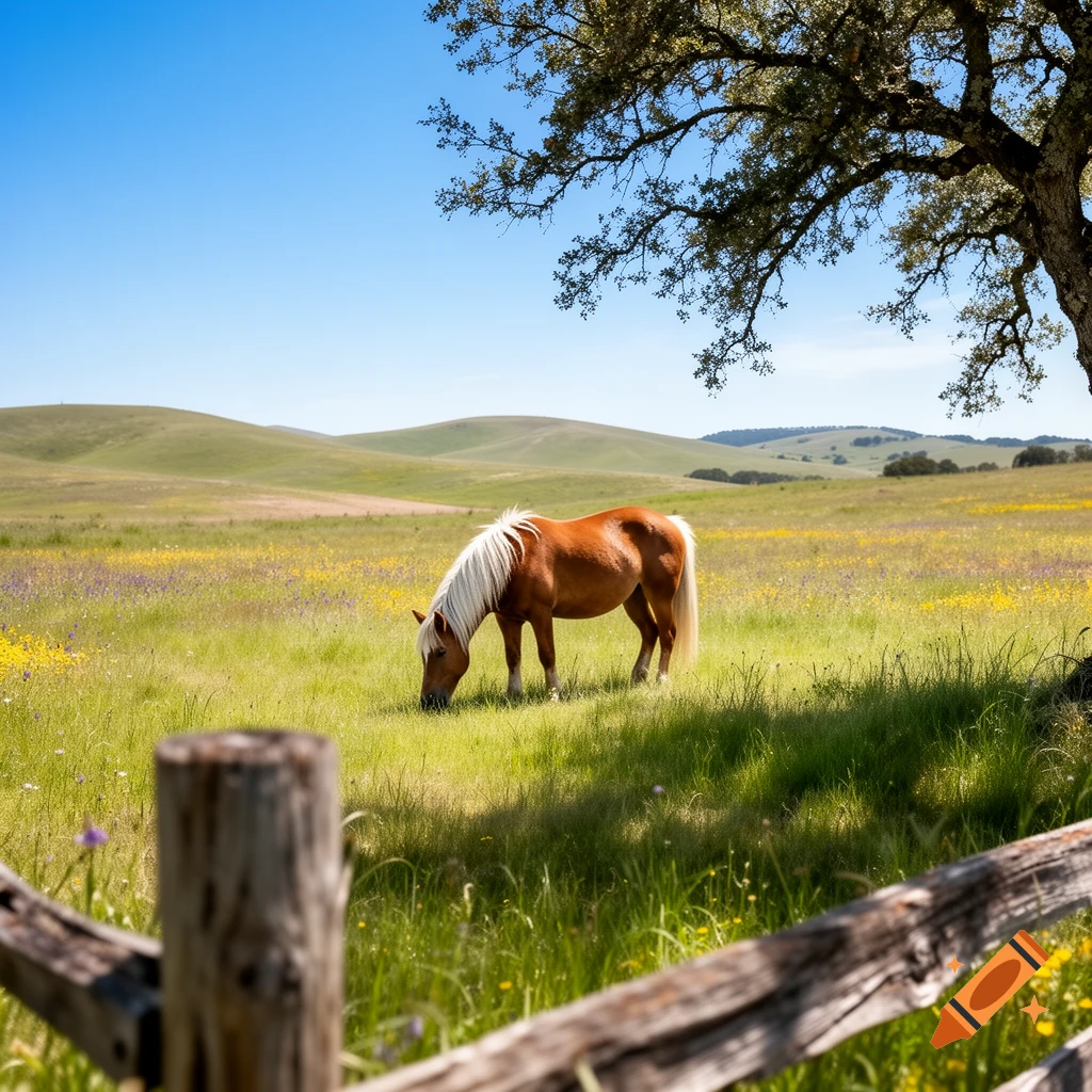 A light brown horse with a white mane grazes in a sunny green meadow with wildflowers, under a clear blue sky, with rolling hills and a tree.
