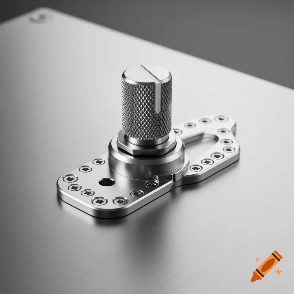 A close-up, photorealistic shot of a silver knurled potentiometer attached to a multi-holed aluminum plate, screwed onto a brushed metal panel.