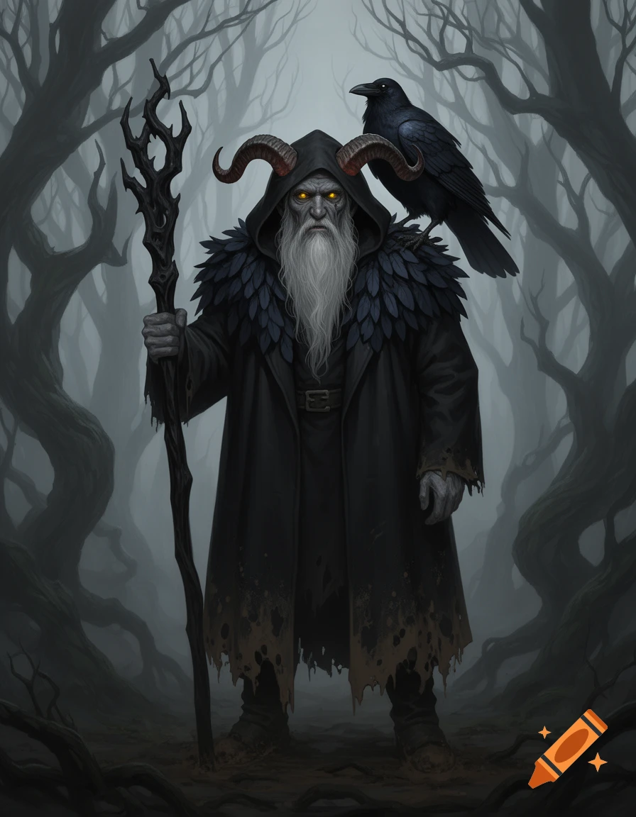 An ancient, horned tiefling death herald with glowing eyes and a long white beard stands in a foggy, twisted forest, a black raven perched on his shoulder.