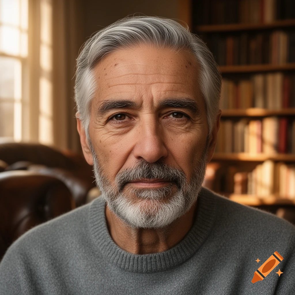 Close-up, photorealistic portrait of an older man with a grey beard and hair, wearing a grey sweater, in a sunlit room with bookshelves.