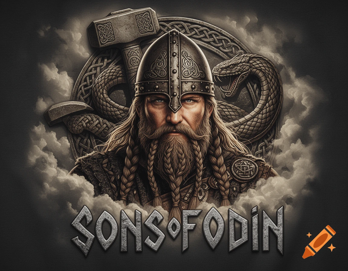 Detailed illustration of a Viking warrior with a helmet and braided beard, set against clouds with Mjolnir and a snake, and "Sons of Odin" text.