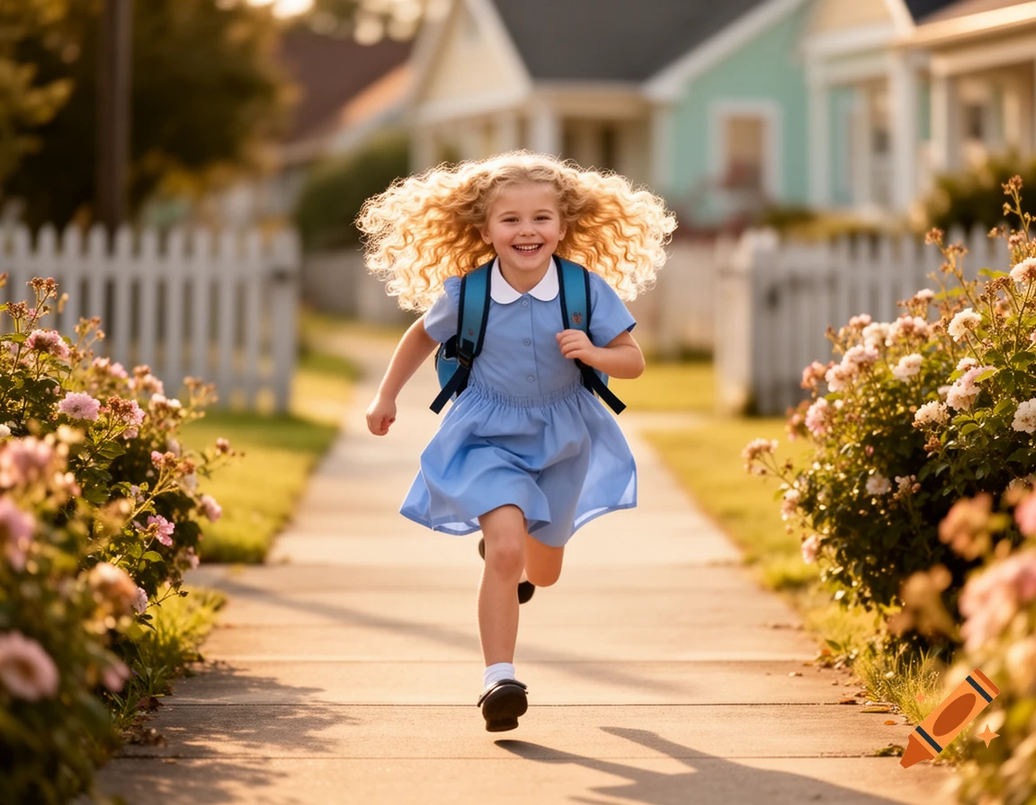 A happy blonde curly-haired girl in a blue dress and backpack runs down a sunlit suburban sidewalk.