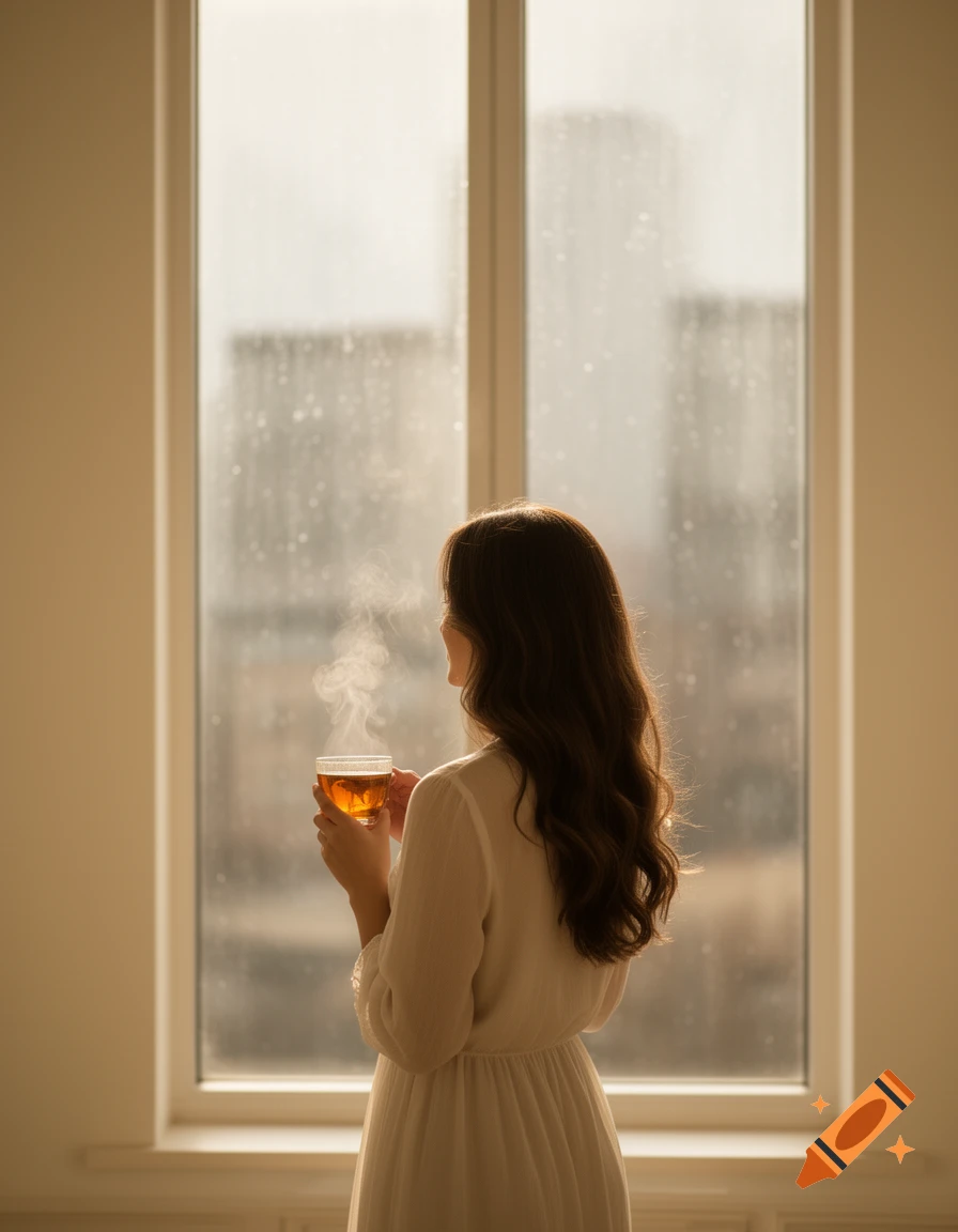 A young woman seen from behind, holding a steaming tea cup by a large window with blurred cityscape outside, in an ultra-realistic style.