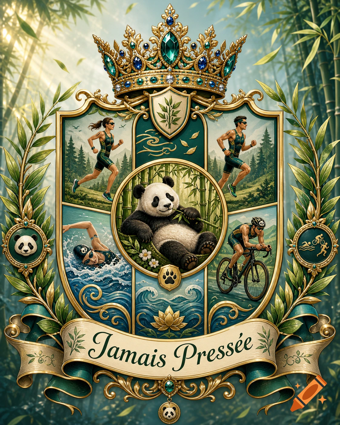 An ornate coat of arms with a jeweled crown, featuring a lazy panda eating bamboo, a runner, a swimmer, and a cyclist. A banner reads "Jamais Pressée".
