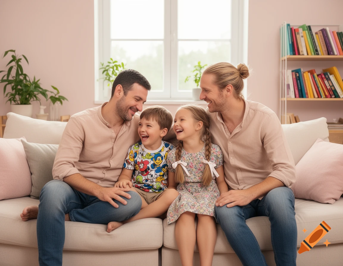 Two smiling fathers and their two children laugh together on a sofa in a brightly lit living room.