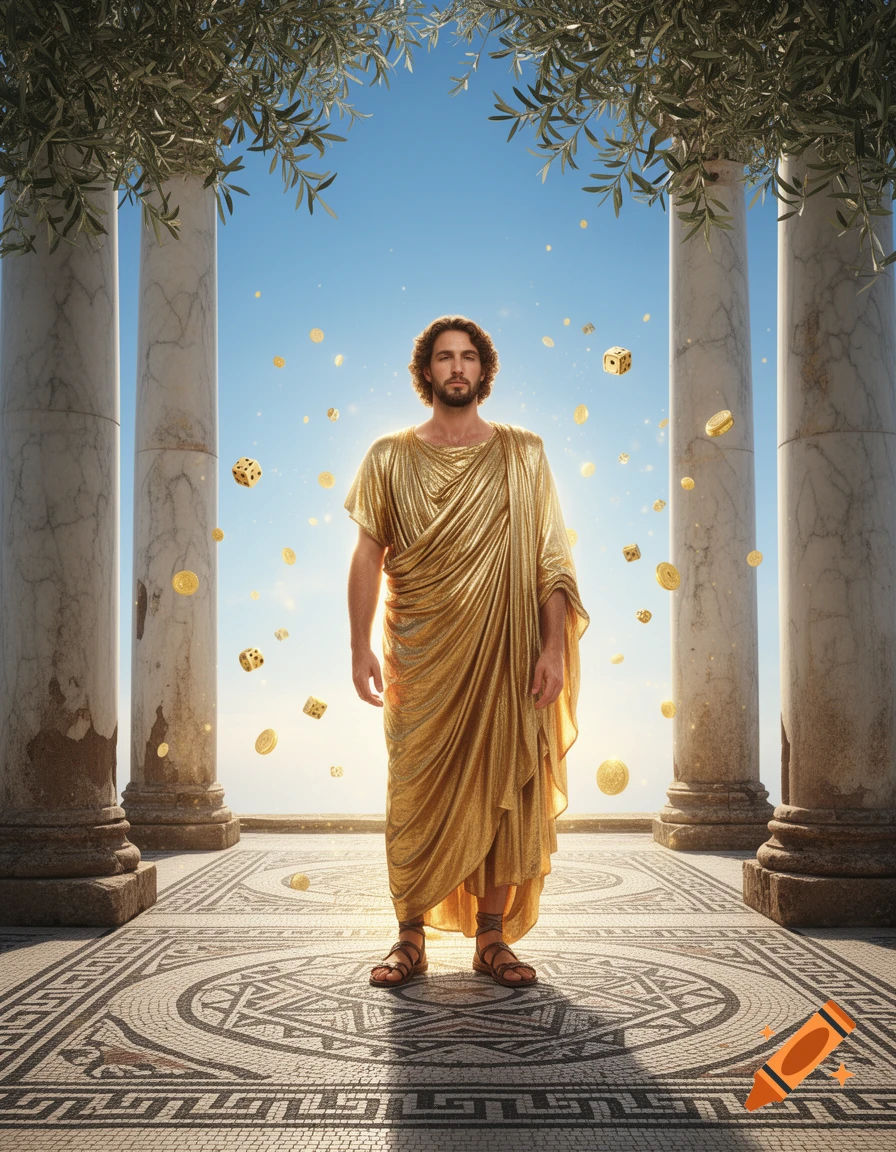 A god-like man in a golden toga stands between columns on a mosaic floor, with gold coins and dice floating around him under a blue sky.