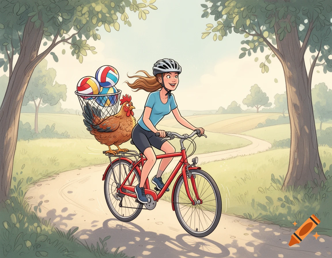 Cartoon of a smiling woman on a red bicycle, a chicken carrying volleyballs in a basket on the back, riding a sunny country path.