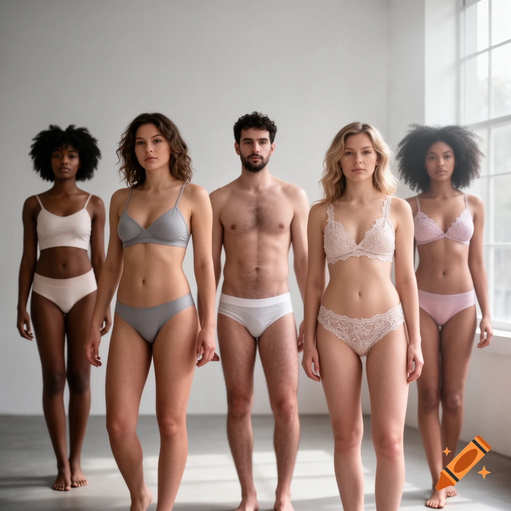Five diverse people, three women and two men, standing in a line in light-colored underwear against a plain background.