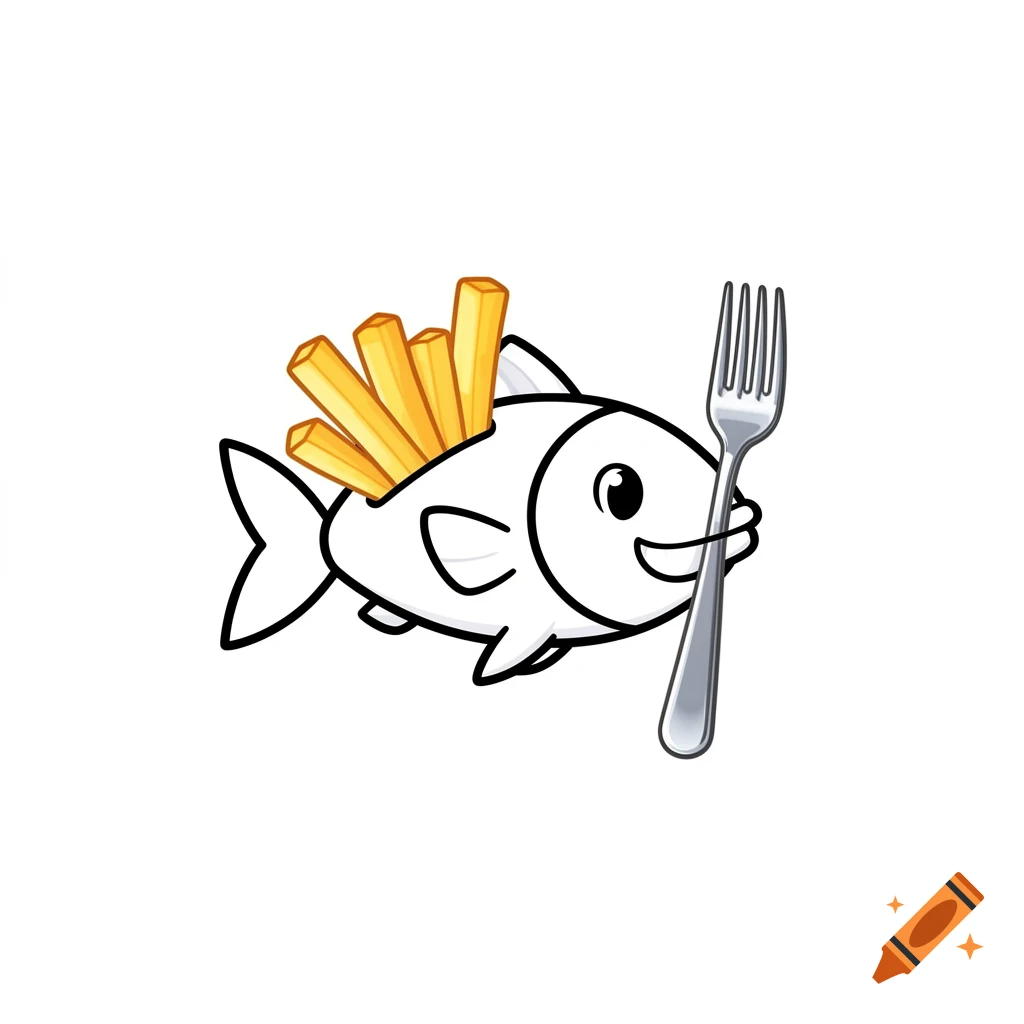 A cute 2D vector art cartoon of a happy fish with golden chips on its back and a silver fork in its side.