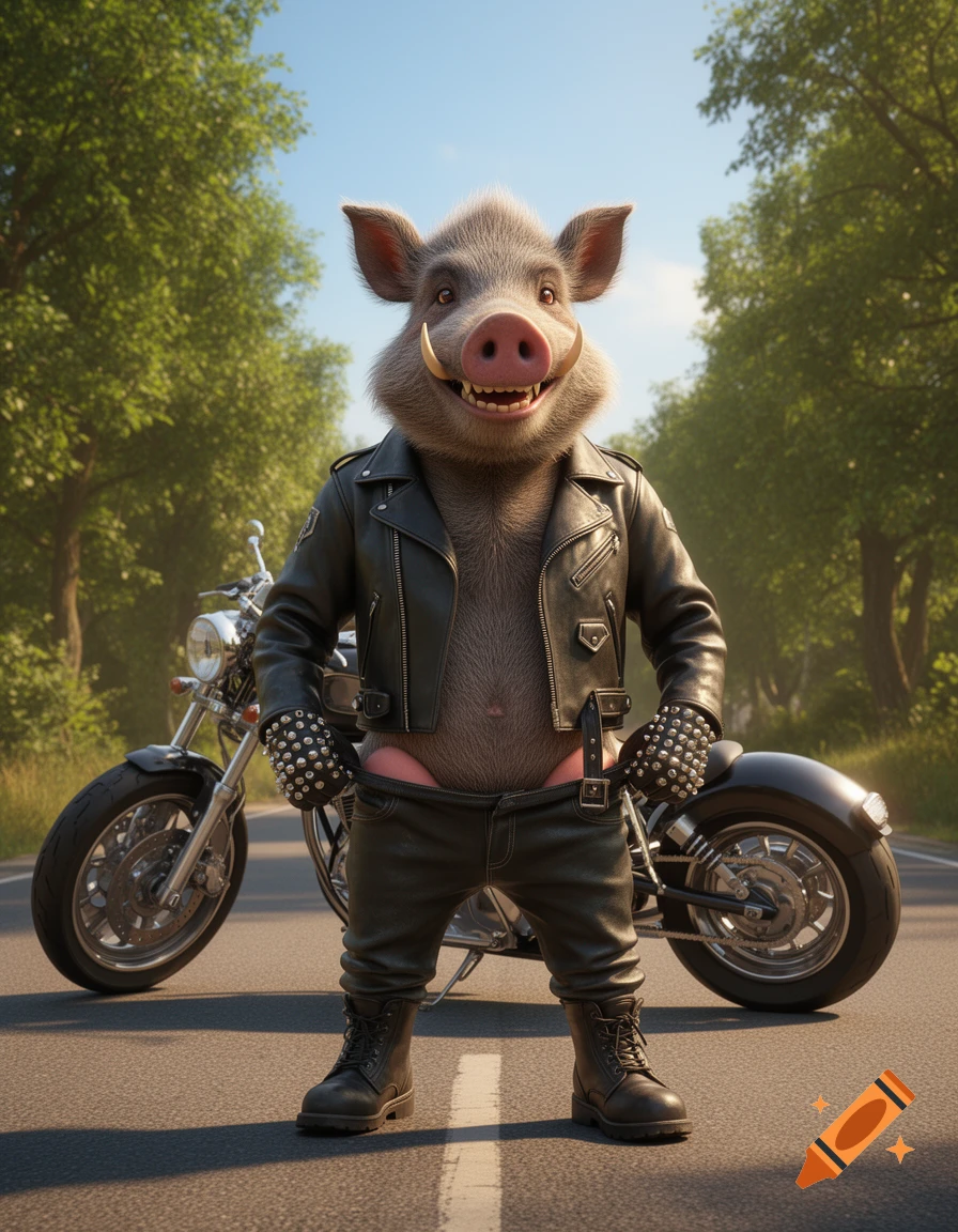 A smiling 3D anthropomorphic wild boar in a black leather jacket and pants with red underwear showing stands in front of a motorcycle on a road lined with trees.