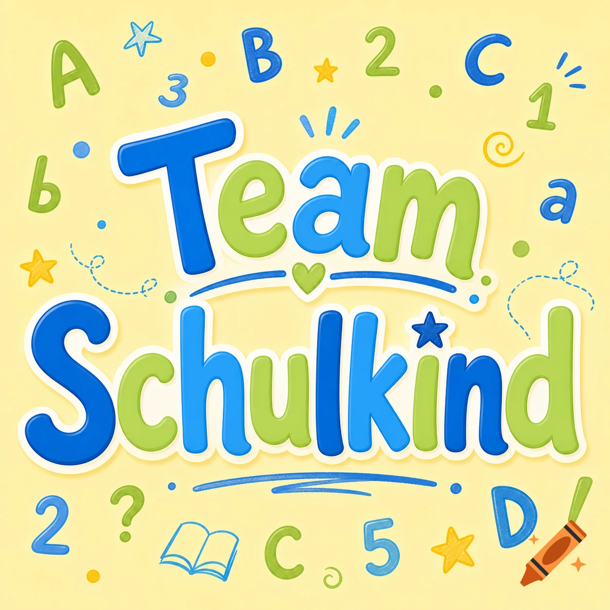 Colorful "Team Schulkind" logo with green and blue bubble letters on a pastel yellow background, surrounded by scattered letters, numbers, and stars.
