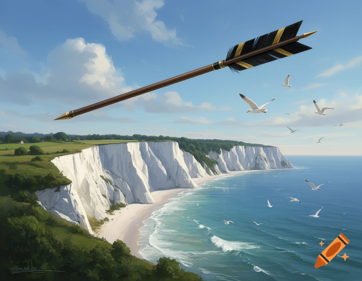 A giant arrow flies over white cliffs and a beach next to a blue ocean with seagulls under a partly cloudy sky, digital art.