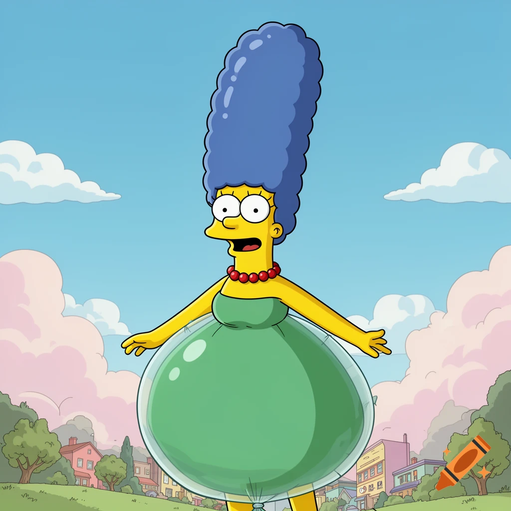 Cartoon Marge Simpson, inflated like a large green balloon, stands in a stylized neighborhood park.