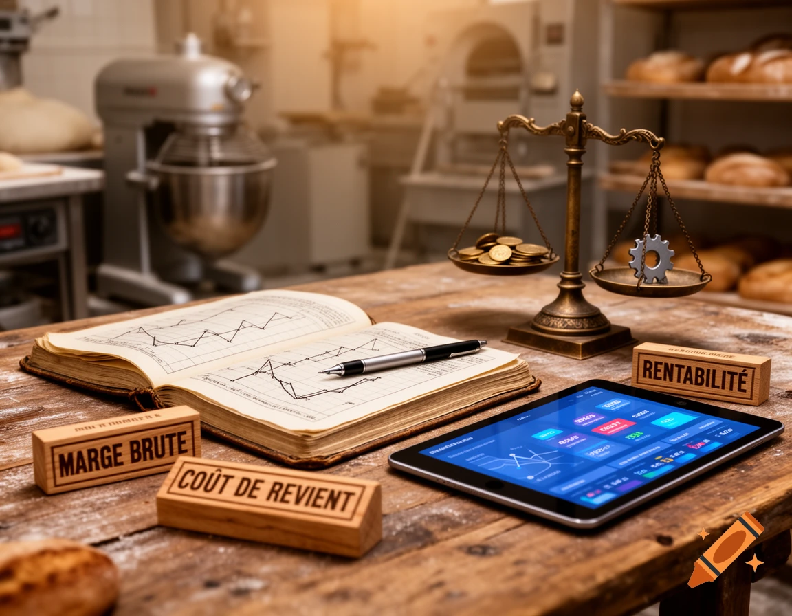 A rustic bakery table with an open ledger, a tablet displaying economic indicators, wooden blocks with French financial terms, and scales.