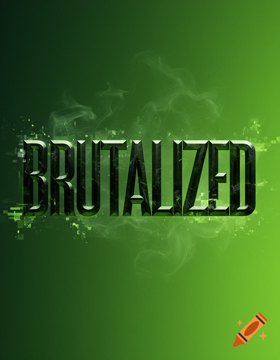 The word BRUTALIZED in bold, metallic dark green text with smoke and glitch effects on a green gradient background.