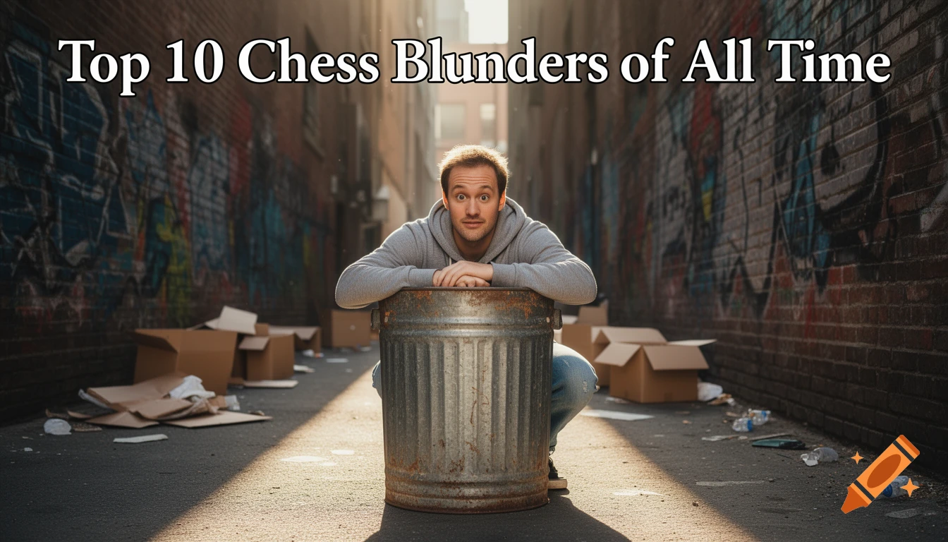 A man with wide eyes peeks over a trash can in a sunlit alley with graffiti, text 'Top 10 Chess Blunders of All Time'.