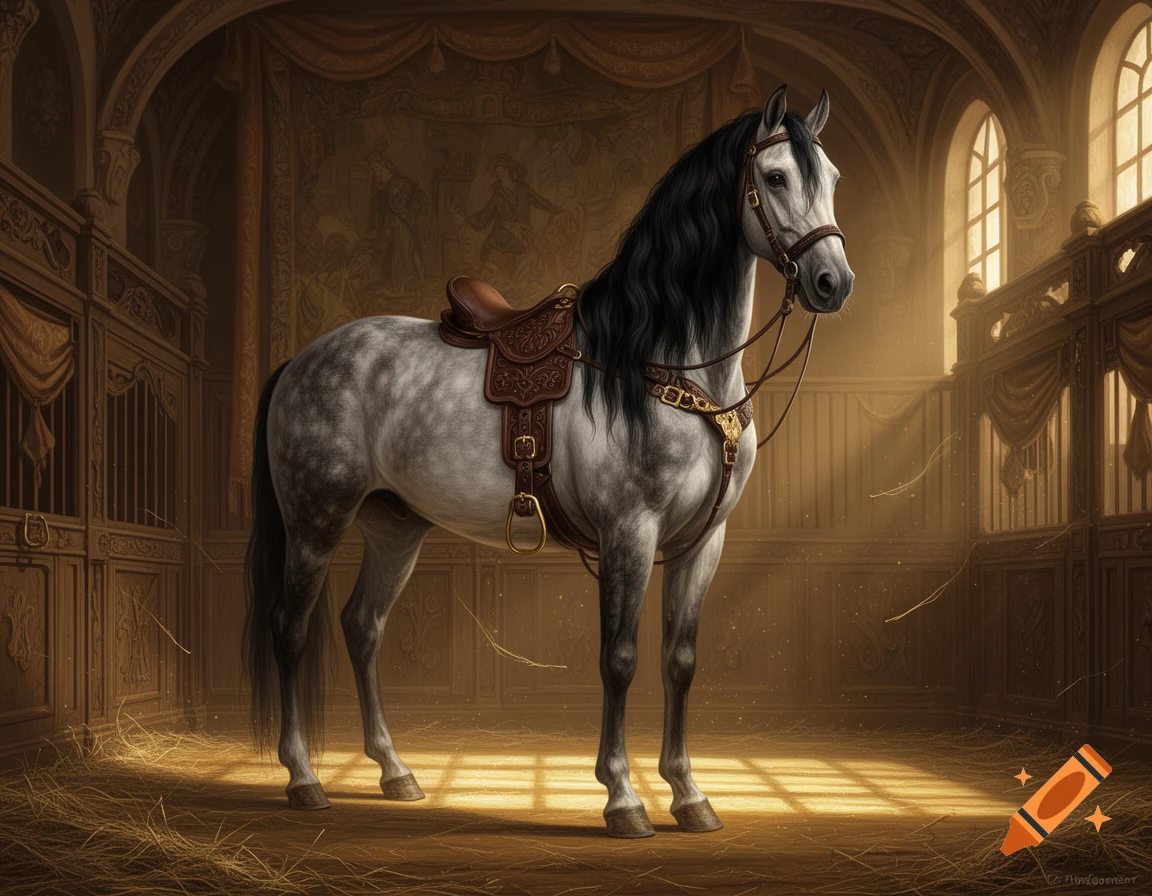 A grey dappled Andalusian horse with a black mane, wearing a brown leather saddle and bridle, stands in a golden, ornate baroque stable.