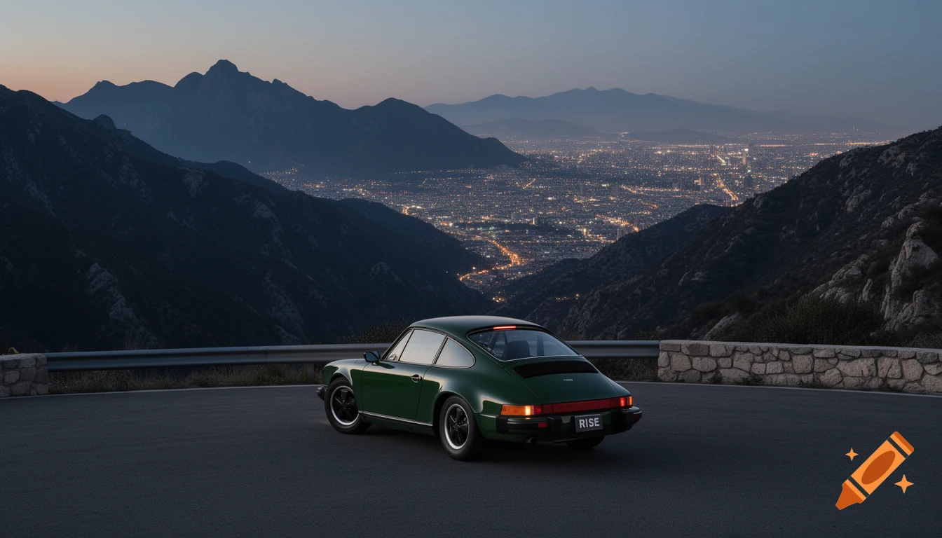 A dark green Porsche 911 parked on a mountain overlook at twilight, with city lights glowing in the valley below.