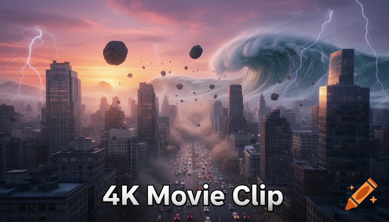 Photorealistic cityscape at sunset with a massive tsunami, lightning, and falling rocks. The text '4K Movie Clip' is overlaid.