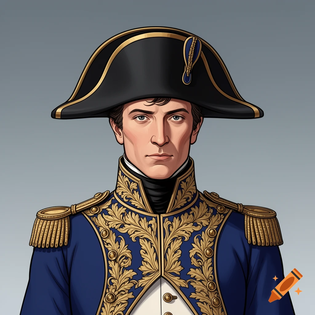 Stylized illustration of a man resembling Napoleon in a blue and gold military uniform and a black bicorne hat against a grey background.