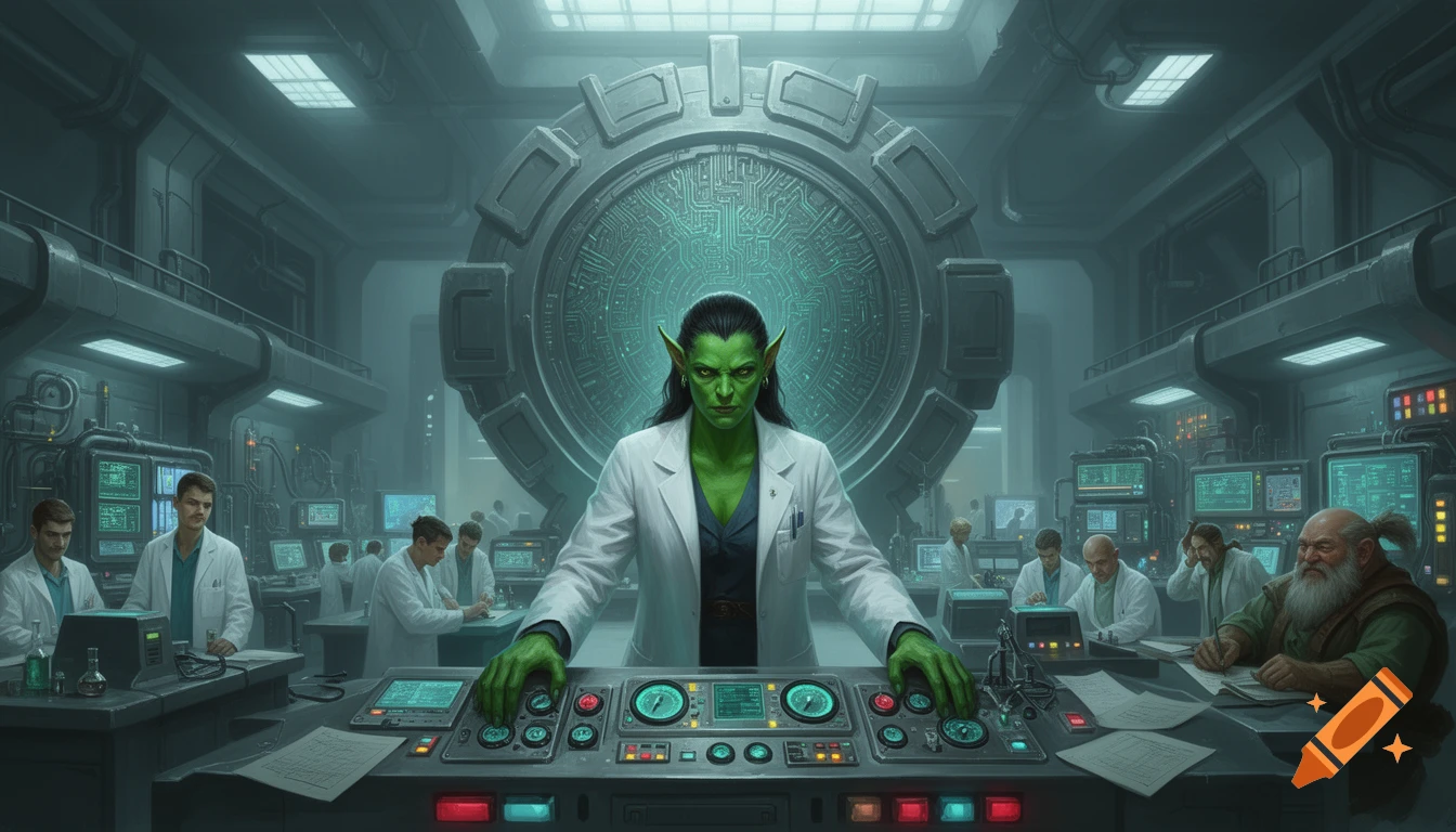 A detailed illustration of a green-skinned orc scientist in a lab coat, operating a control panel in a futuristic lab with an inactive portal and other scientists.