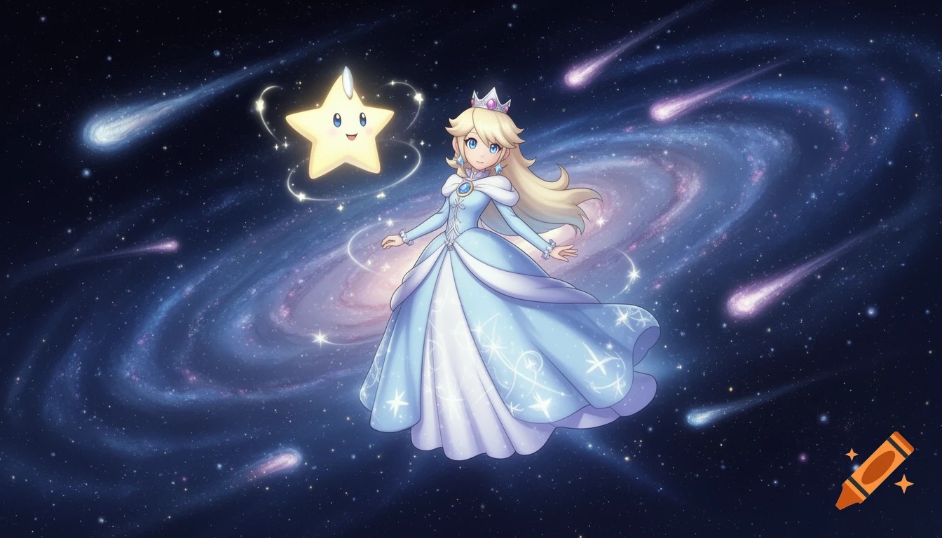 Anime-style Princess Rosalina and Luma float in a starry galaxy with shooting comets.