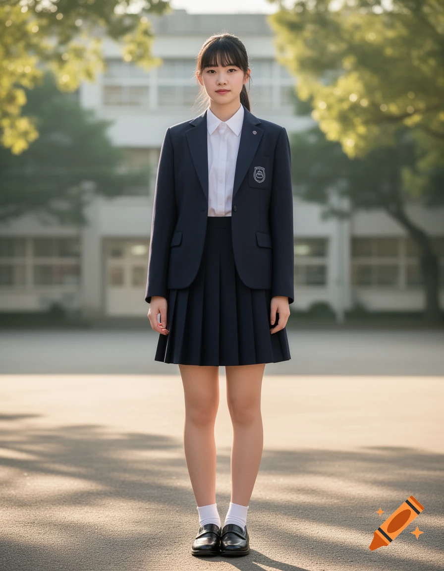 A photorealistic portrait of a young woman in a navy school uniform standing on a sunlit school ground.