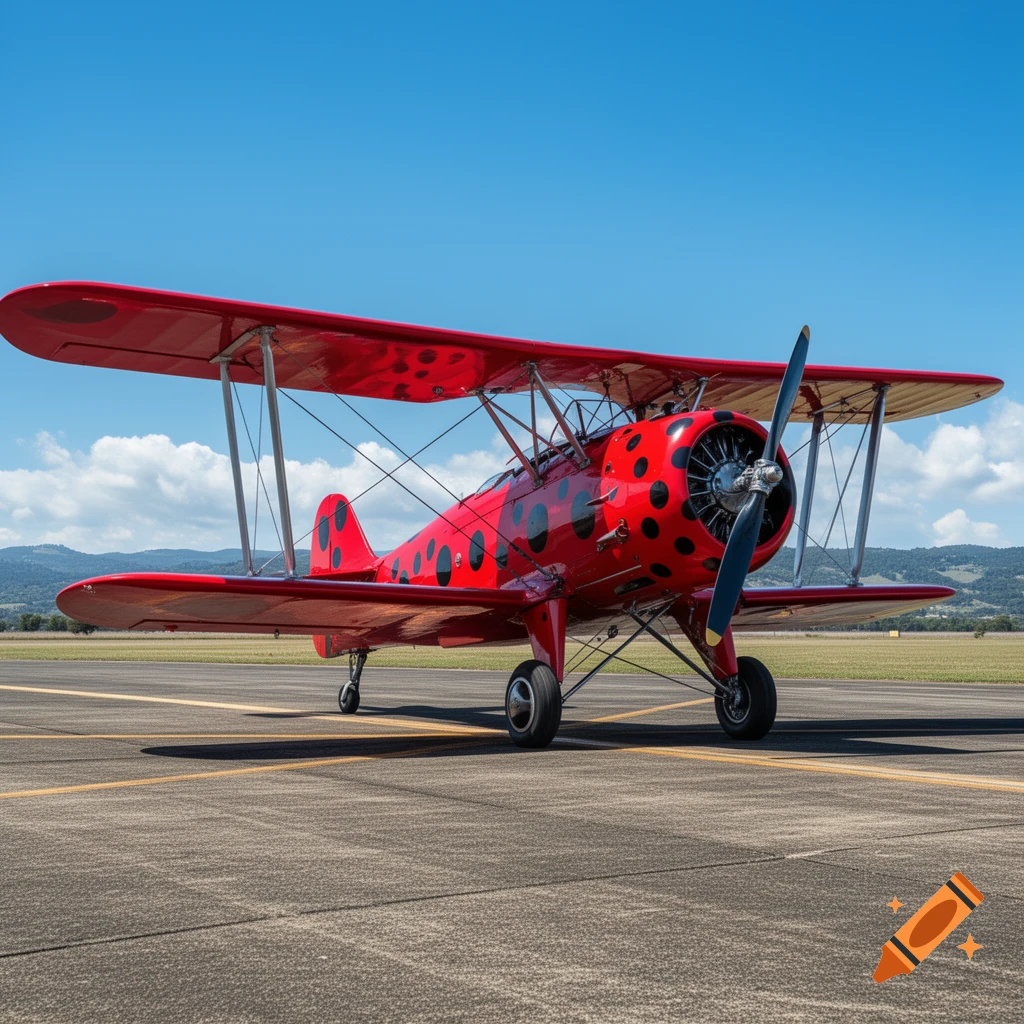 A red biplane with black polka dots sits on an airfield under a clear blue sky.