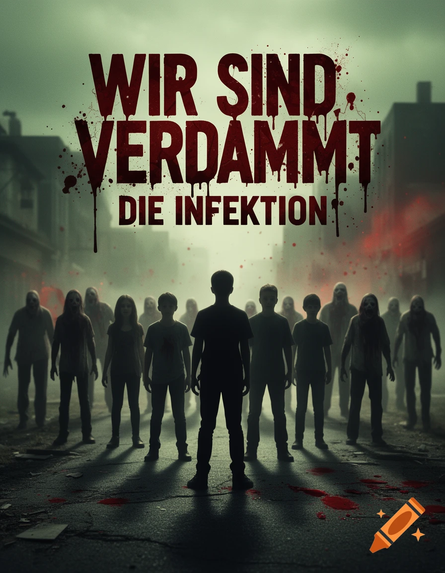 A horror movie poster with dark silhouettes of people in the foreground facing a hazy group of zombies. Blood-red text reads "WIR SIND VERDAMMT DIE INFEKTION" with blood drips.