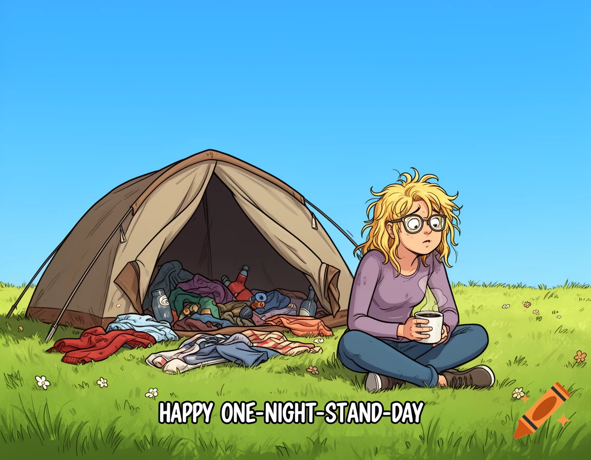 A comic-style illustration shows a tired blonde woman with messy hair sitting by a messy camping tent on a sunny meadow, captioned "HAPPY ONE-NIGHT-STAND-DAY".