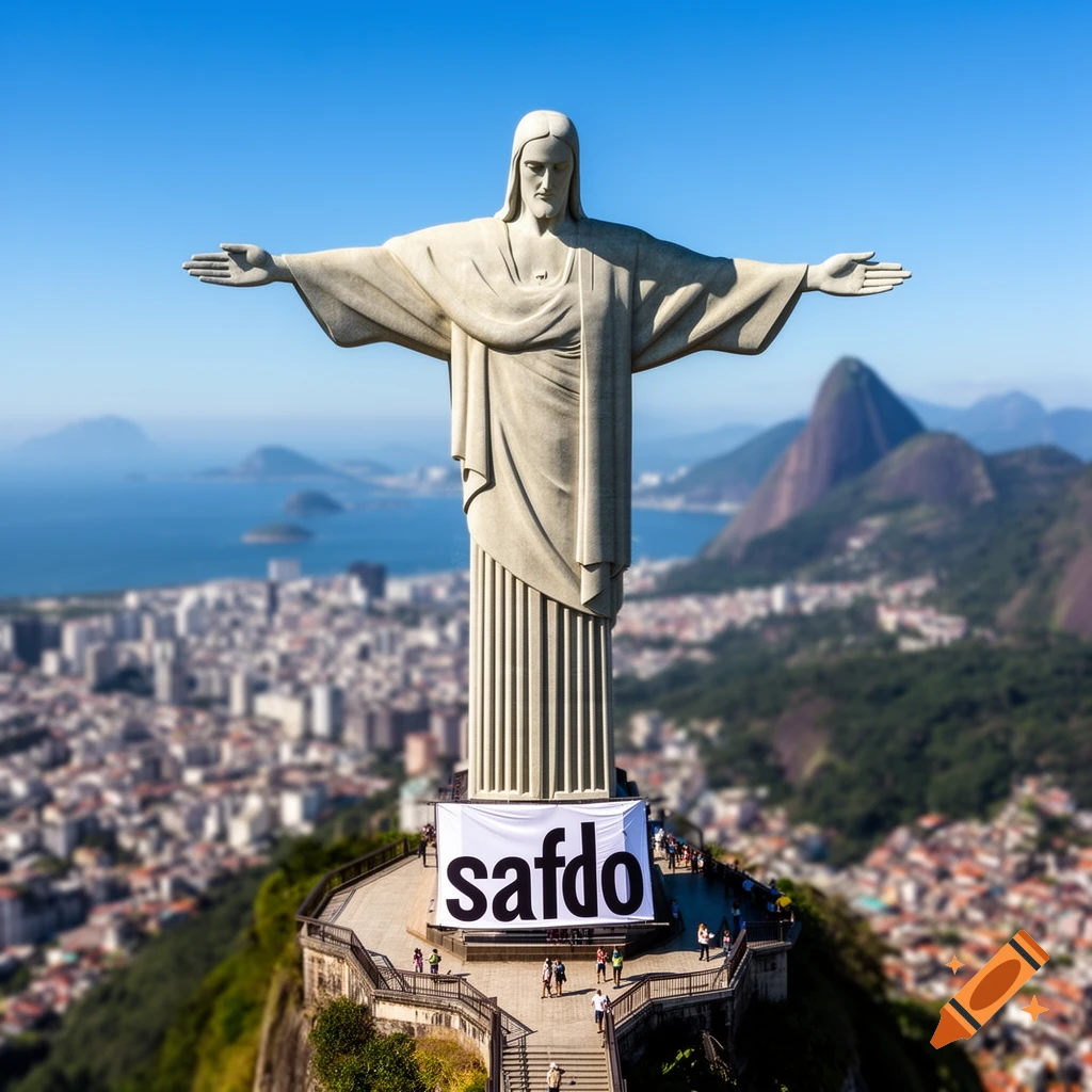 The Christ the Redeemer statue stands tall over a blurred cityscape of Rio de Janeiro, with a white banner reading "safdo" at its base.