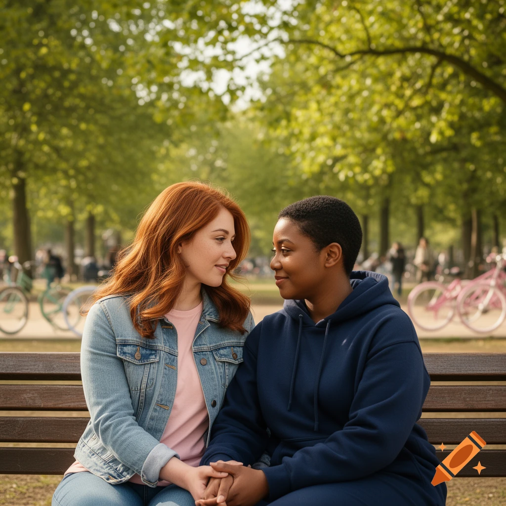 Two women sit on a park bench, holding hands and gazing at each other. One has red hair, the other short dark hair.